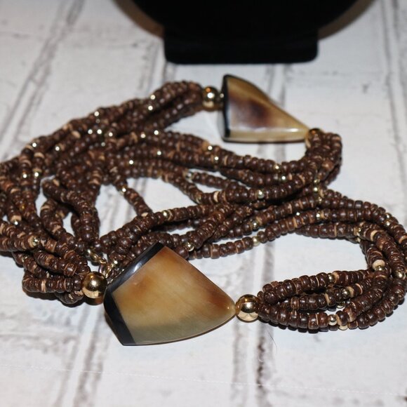 Beautiful vintage coconut shell and antler necklace 28" - Picture 2 of 5